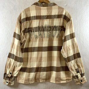 Playboy x Pacsun Mens Button Plaid Flannel‎ Shirt Sz L Logo Bling Spell Out Y2K